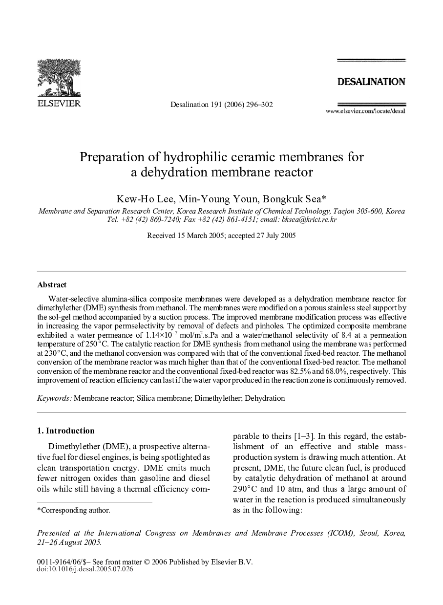 Preparation of hydrophilic ceramic membranes for a dehydration membrane reactor