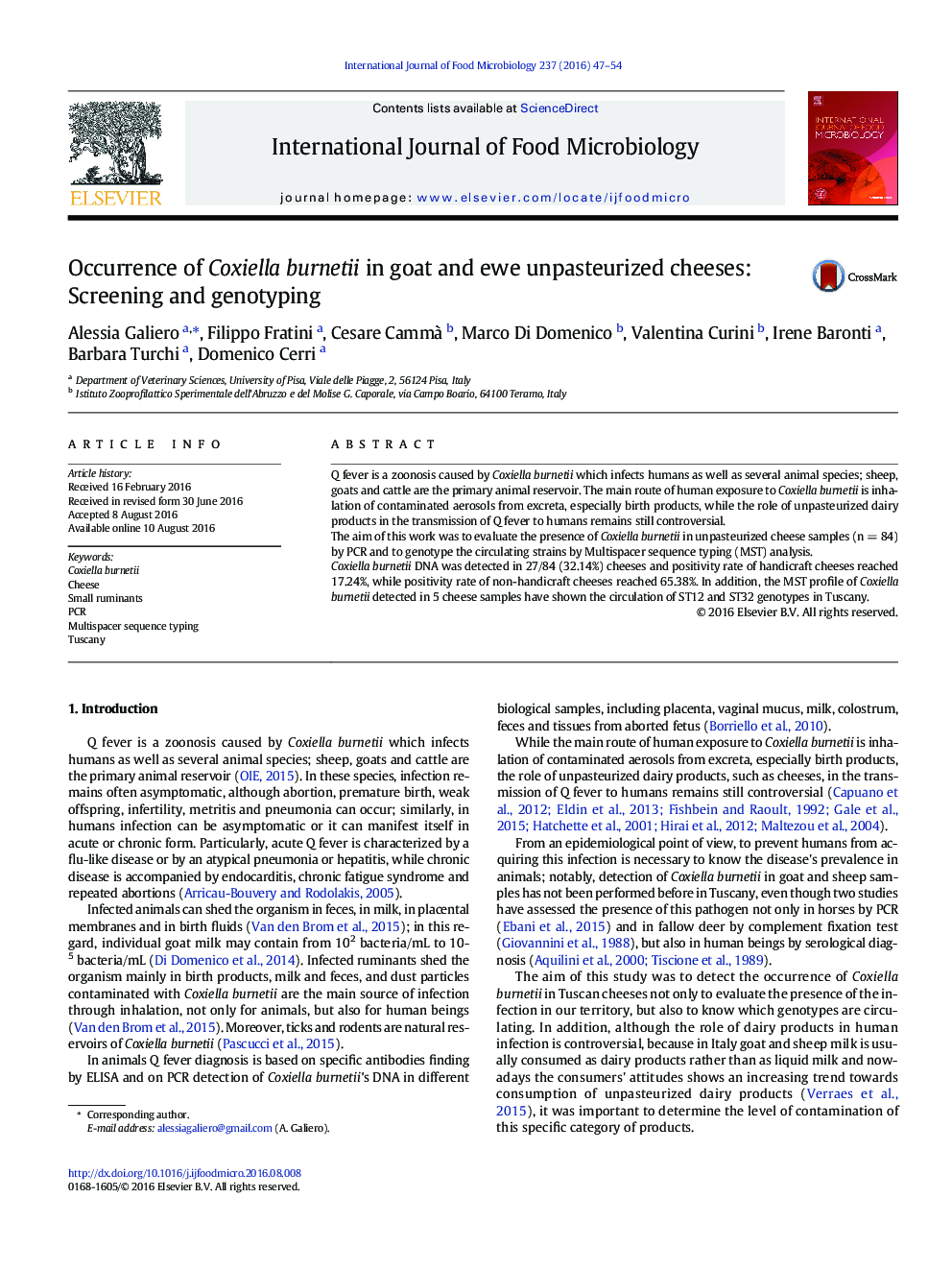 Occurrence of Coxiella burnetii in goat and ewe unpasteurized cheeses: Screening and genotyping