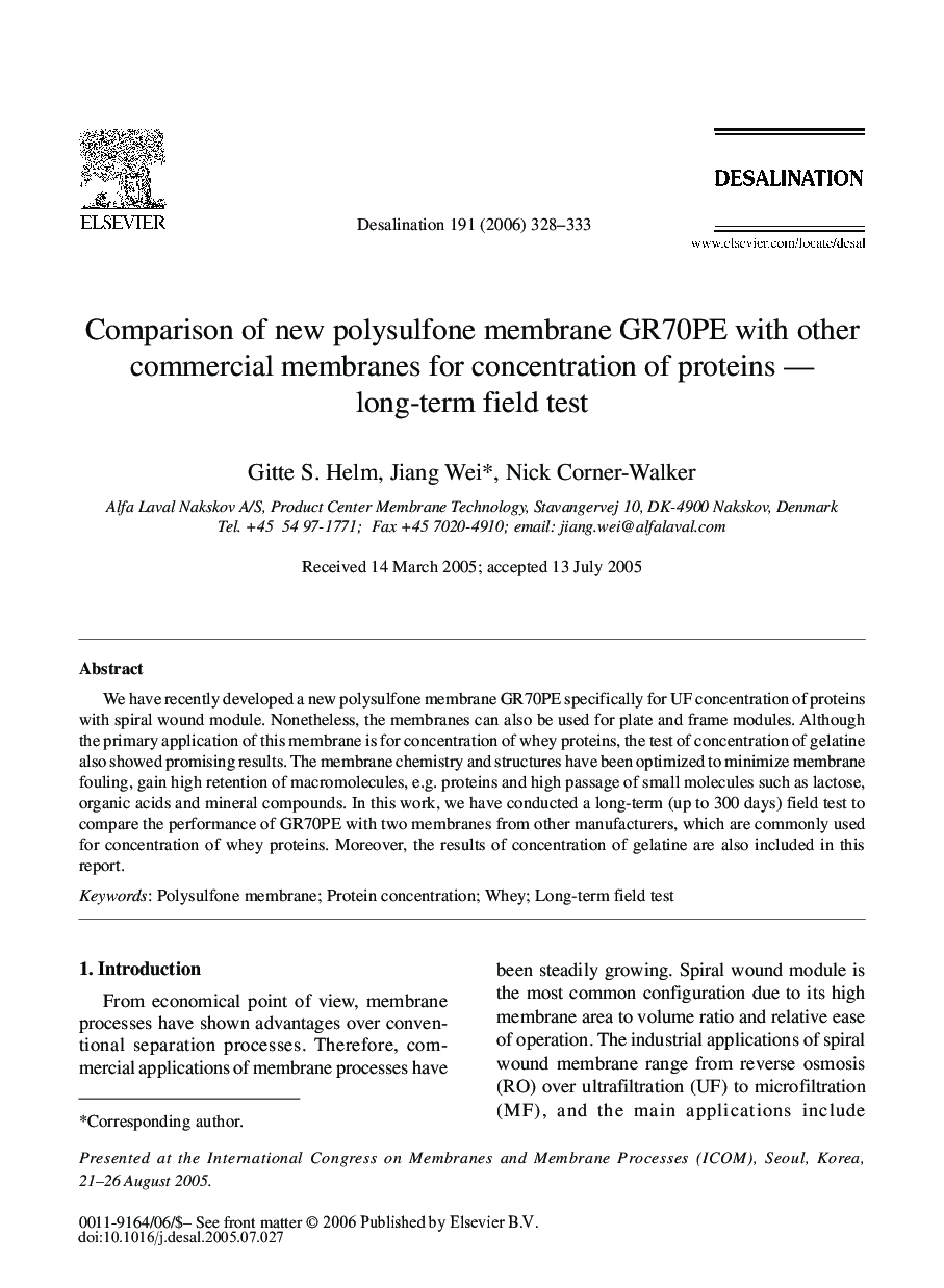 Comparison of new polysulfone membrane GR70PE with other commercial membranes for concentration of proteins — long-term field test