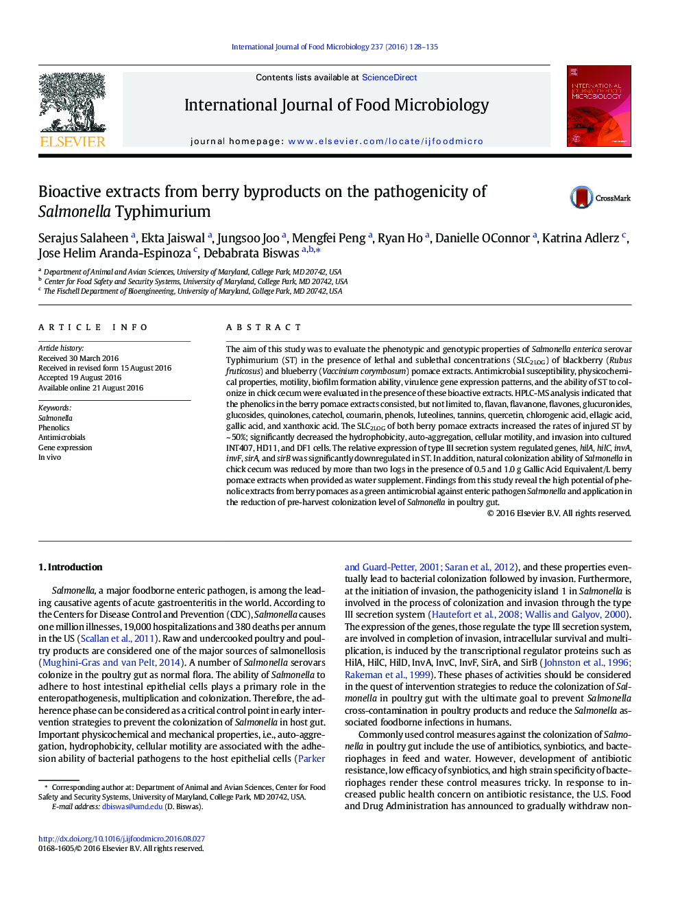 Bioactive extracts from berry byproducts on the pathogenicity of Salmonella Typhimurium