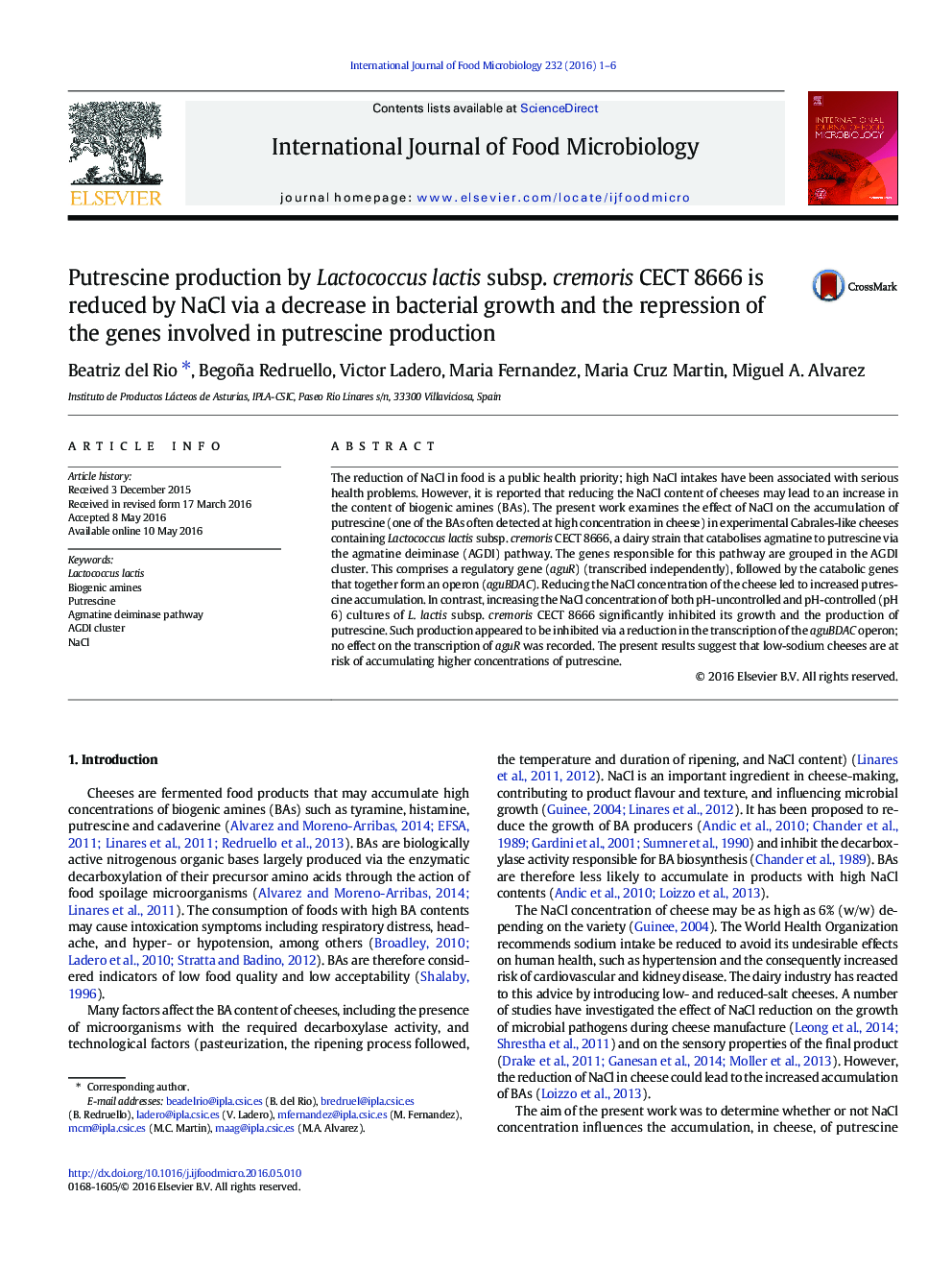 Putrescine production by Lactococcus lactis subsp. cremoris CECT 8666 is reduced by NaCl via a decrease in bacterial growth and the repression of the genes involved in putrescine production