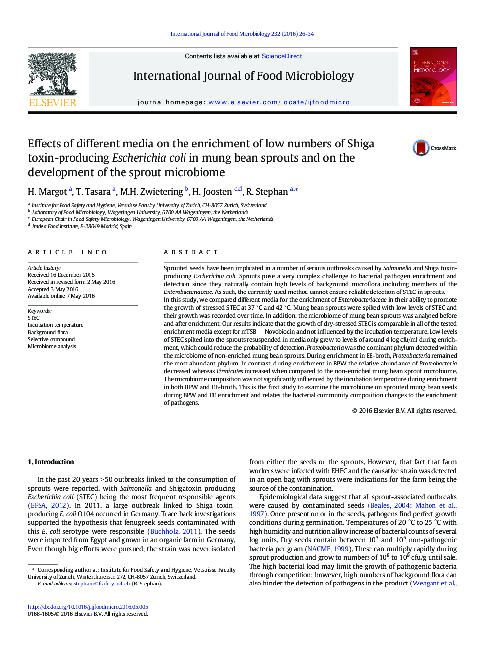 Effects of different media on the enrichment of low numbers of Shiga toxin-producing Escherichia coli in mung bean sprouts and on the development of the sprout microbiome