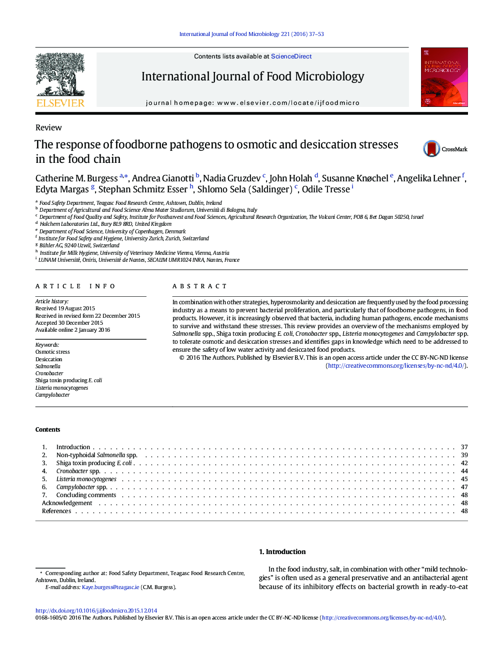 ReviewThe response of foodborne pathogens to osmotic and desiccation stresses in the food chain