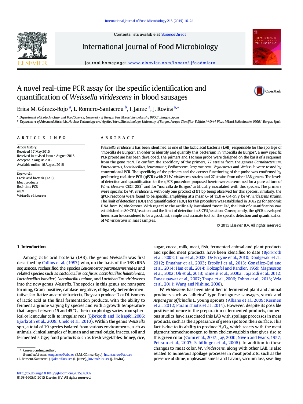 A novel real-time PCR assay for the specific identification and quantification of Weissella viridescens in blood sausages