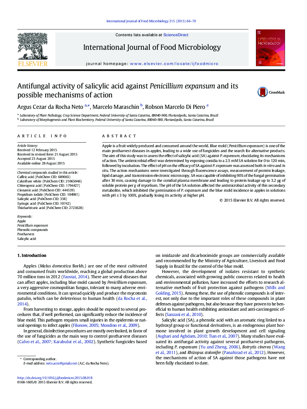 Antifungal activity of salicylic acid against Penicillium expansum and its possible mechanisms of action