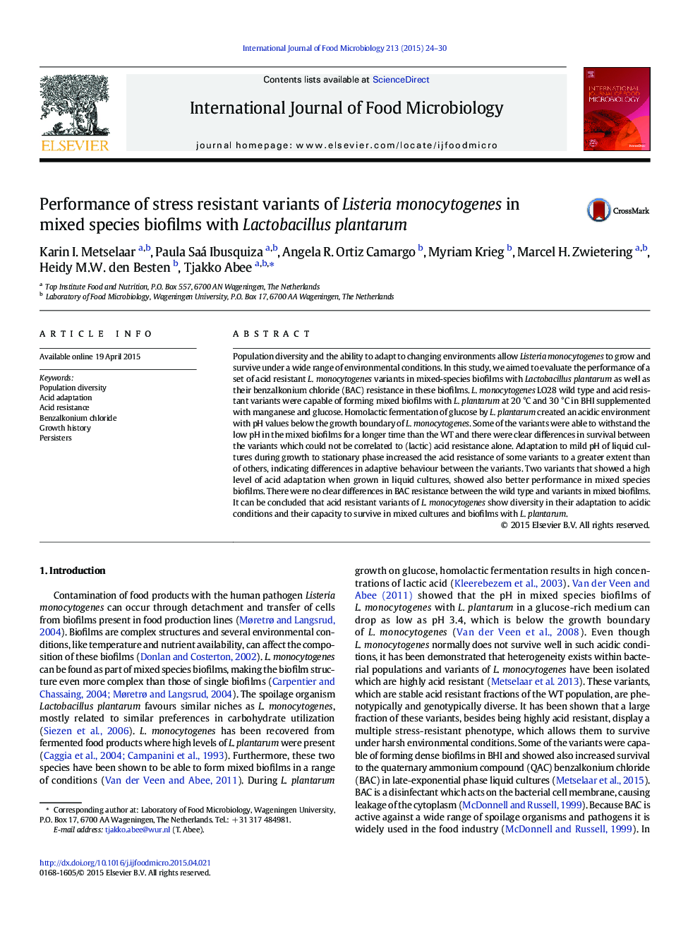 Performance of stress resistant variants of Listeria monocytogenes in mixed species biofilms with Lactobacillus plantarum