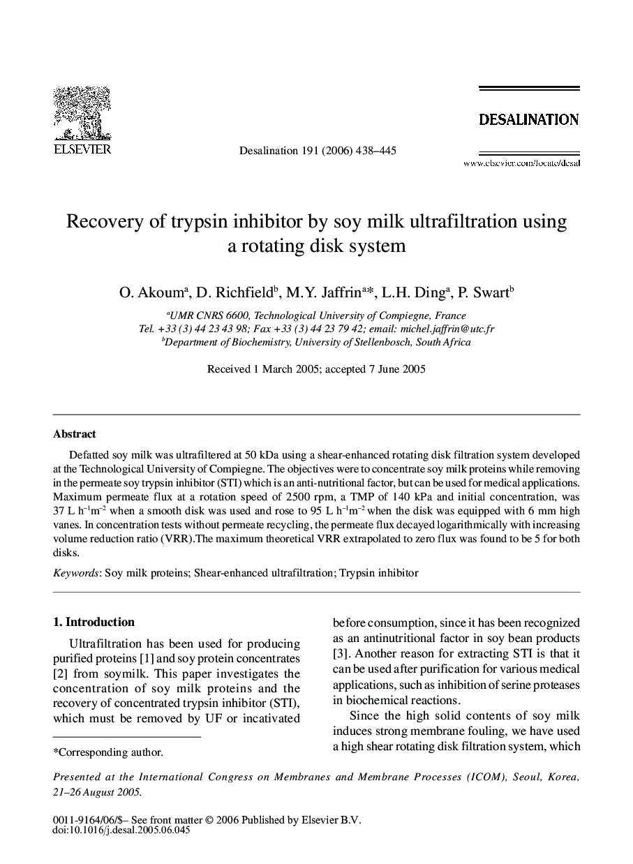 Recovery of trypsin inhibitor by soy milk ultrafiltration using a rotating disk system