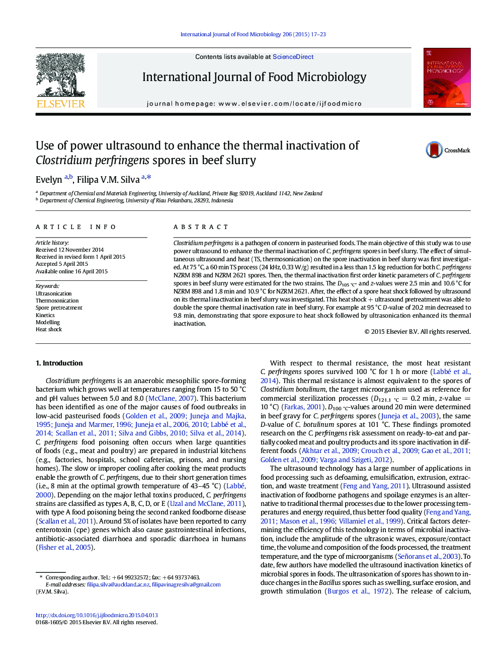 Use of power ultrasound to enhance the thermal inactivation of Clostridium perfringens spores in beef slurry