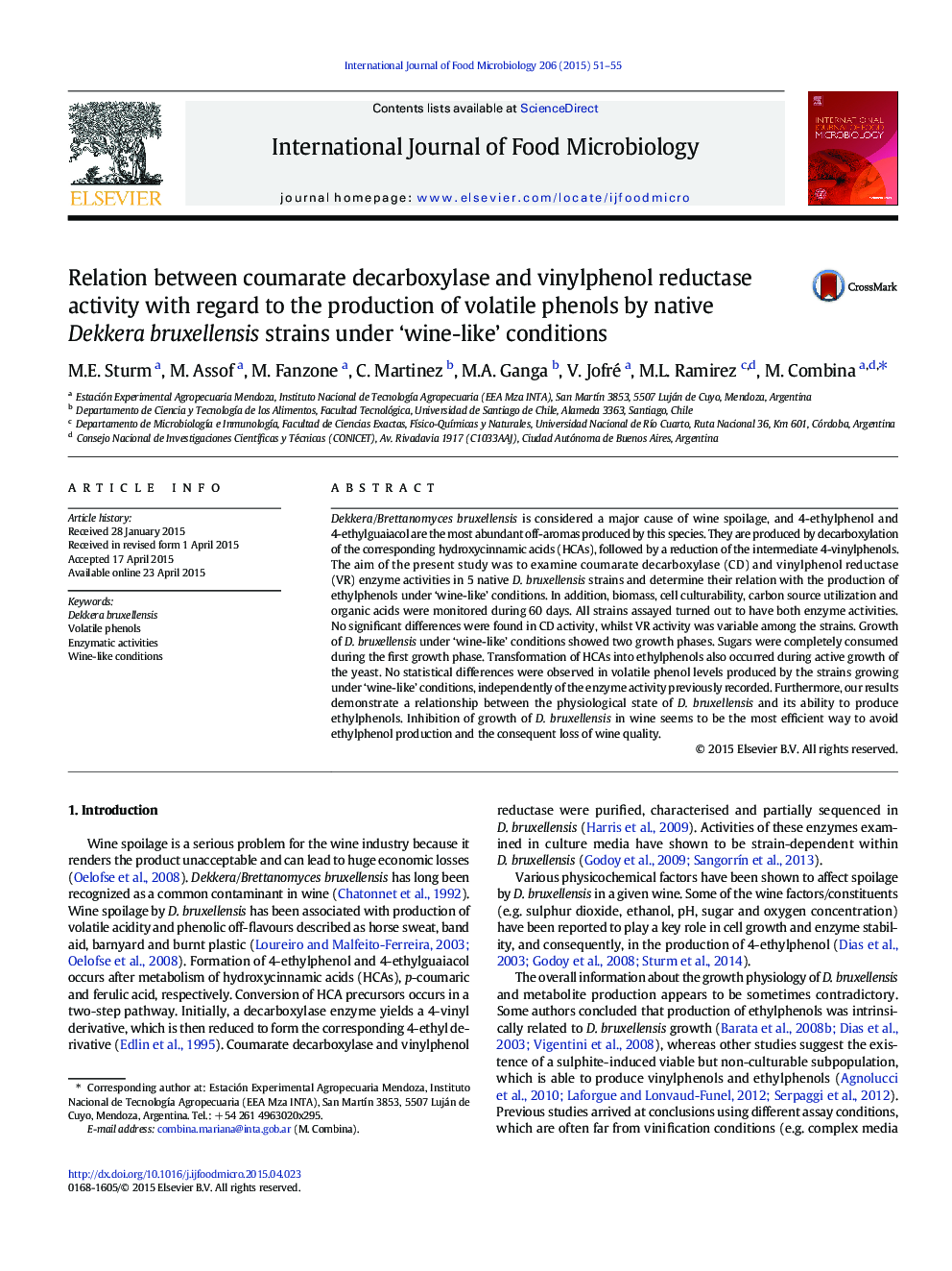 Relation between coumarate decarboxylase and vinylphenol reductase activity with regard to the production of volatile phenols by native Dekkera bruxellensis strains under 'wine-like' conditions