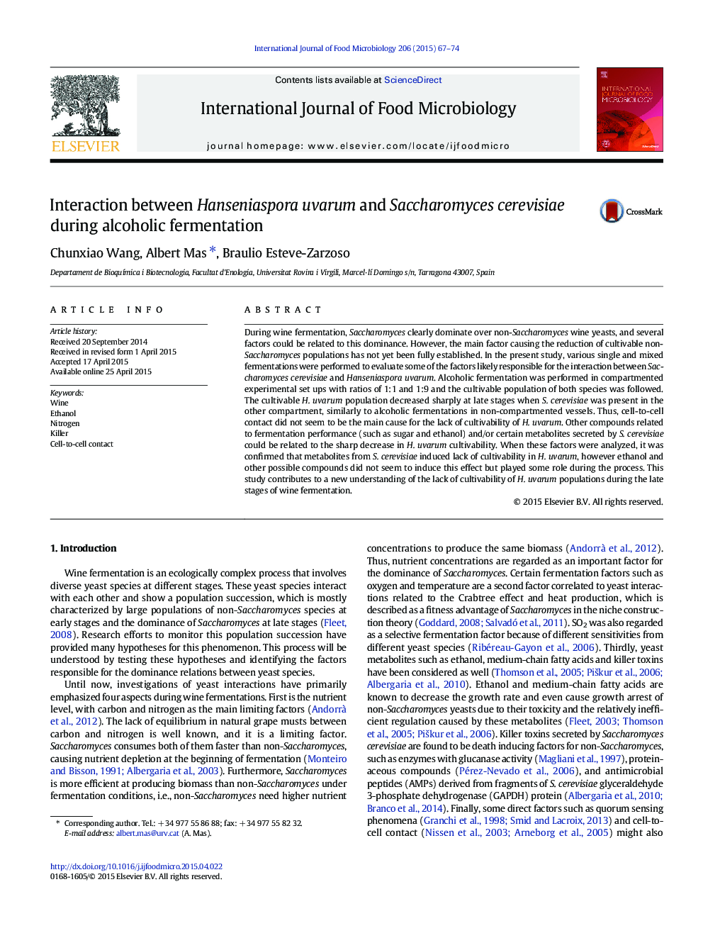 Interaction between Hanseniaspora uvarum and Saccharomyces cerevisiae during alcoholic fermentation