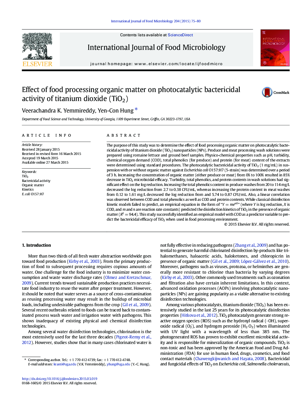 Effect of food processing organic matter on photocatalytic bactericidal activity of titanium dioxide (TiO2)