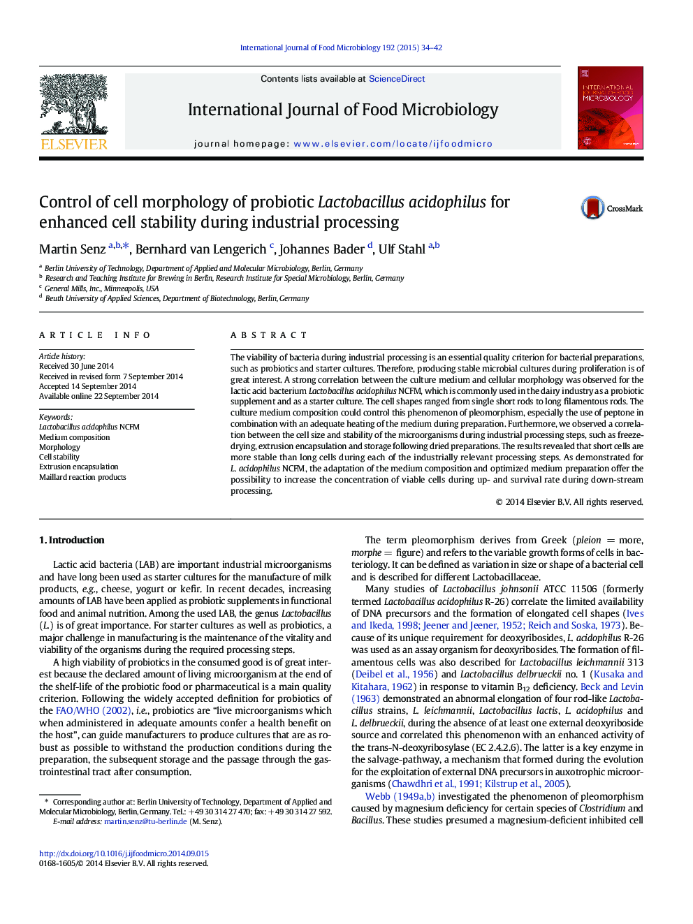 Control of cell morphology of probiotic Lactobacillus acidophilus for enhanced cell stability during industrial processing