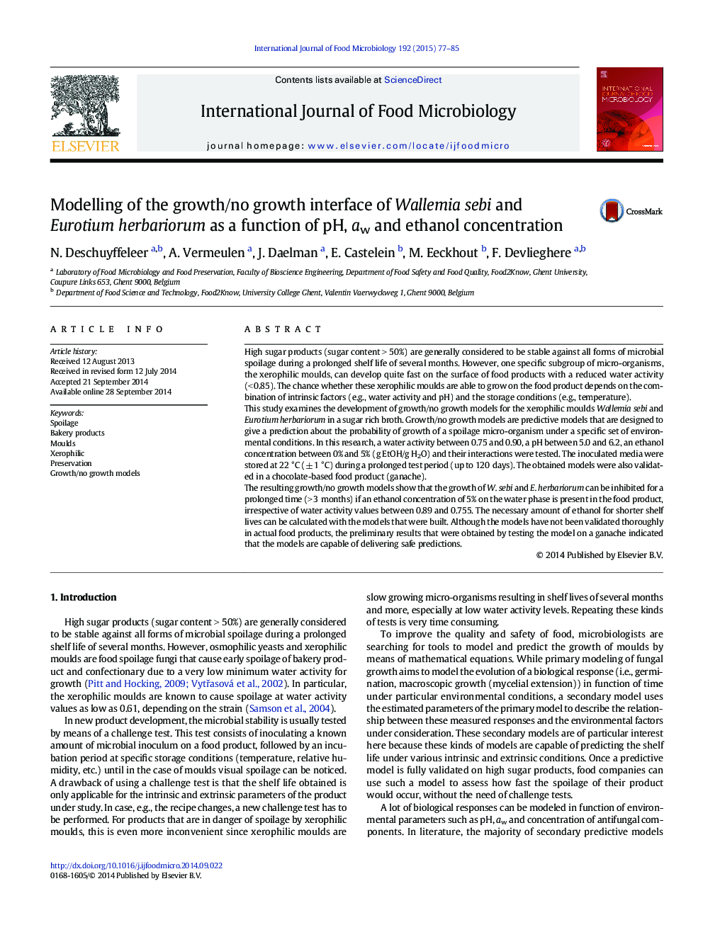 Modelling of the growth/no growth interface of Wallemia sebi and Eurotium herbariorum as a function of pH, aw and ethanol concentration