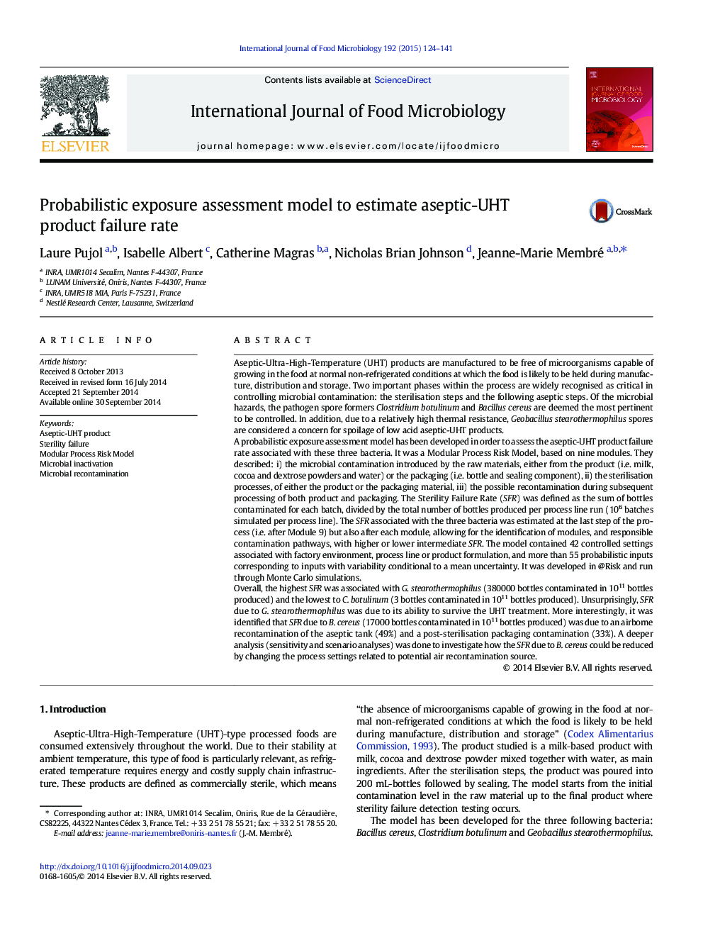 Probabilistic exposure assessment model to estimate aseptic-UHT product failure rate