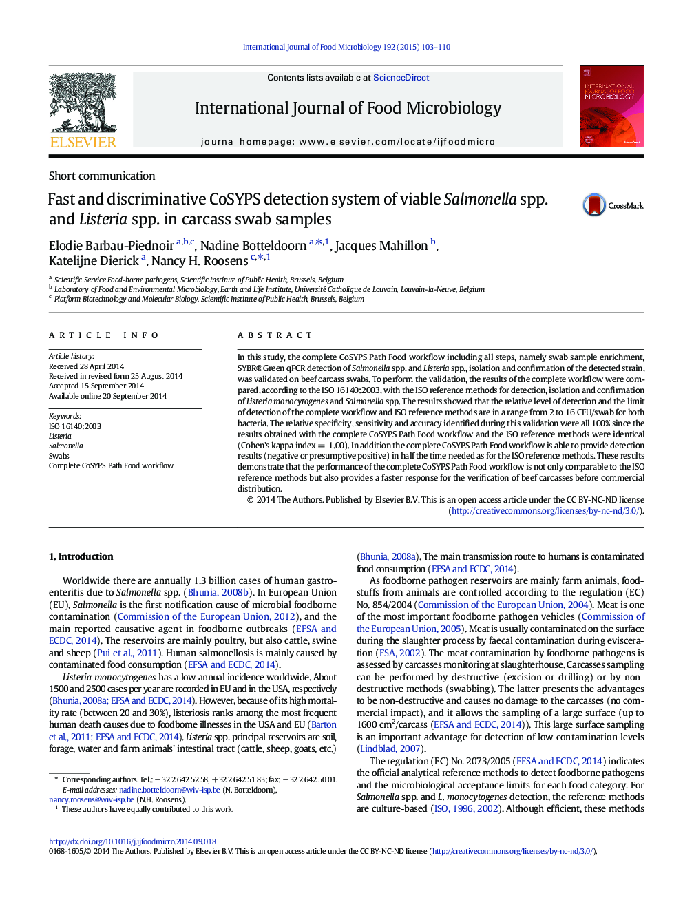 Fast and discriminative CoSYPS detection system of viable Salmonella spp. and Listeria spp. in carcass swab samples