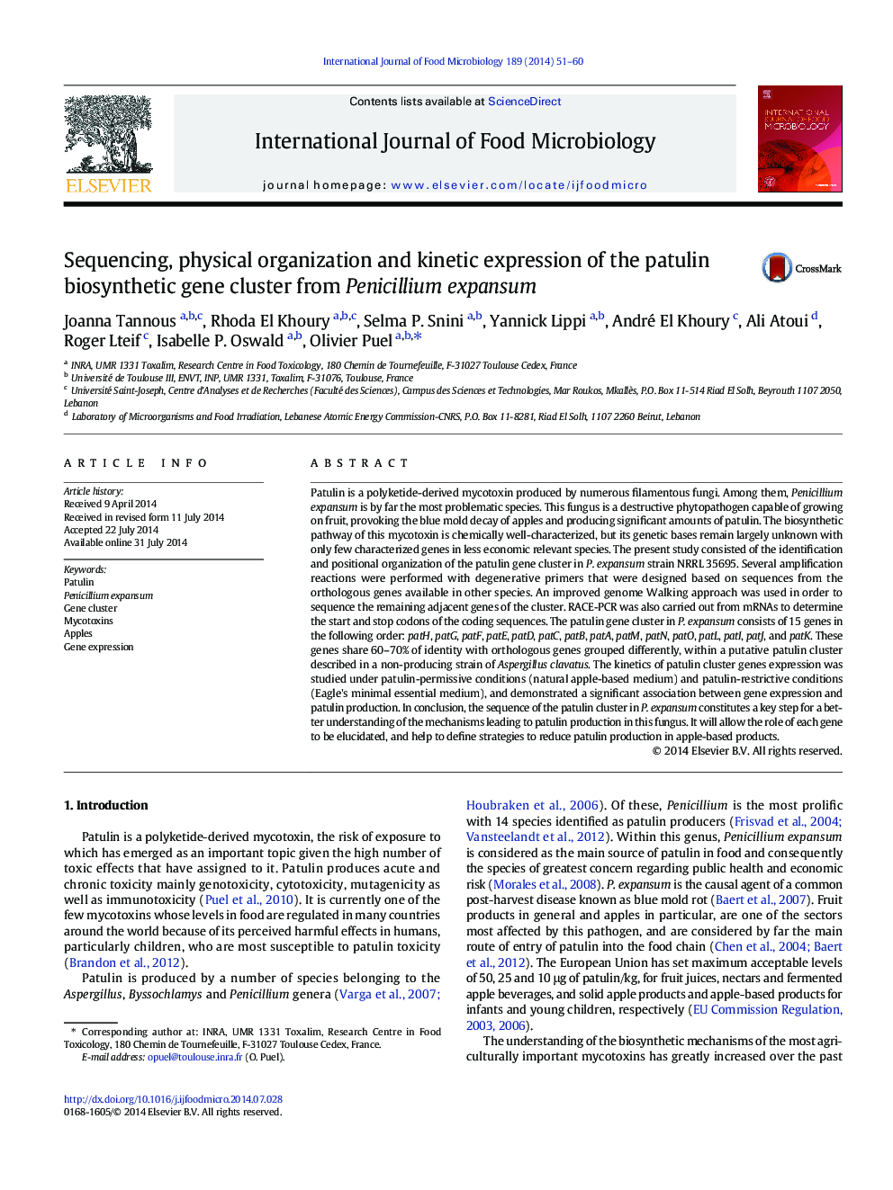 Sequencing, physical organization and kinetic expression of the patulin biosynthetic gene cluster from Penicillium expansum