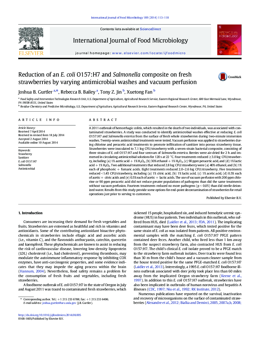 Reduction of an E. coli O157:H7 and Salmonella composite on fresh strawberries by varying antimicrobial washes and vacuum perfusion