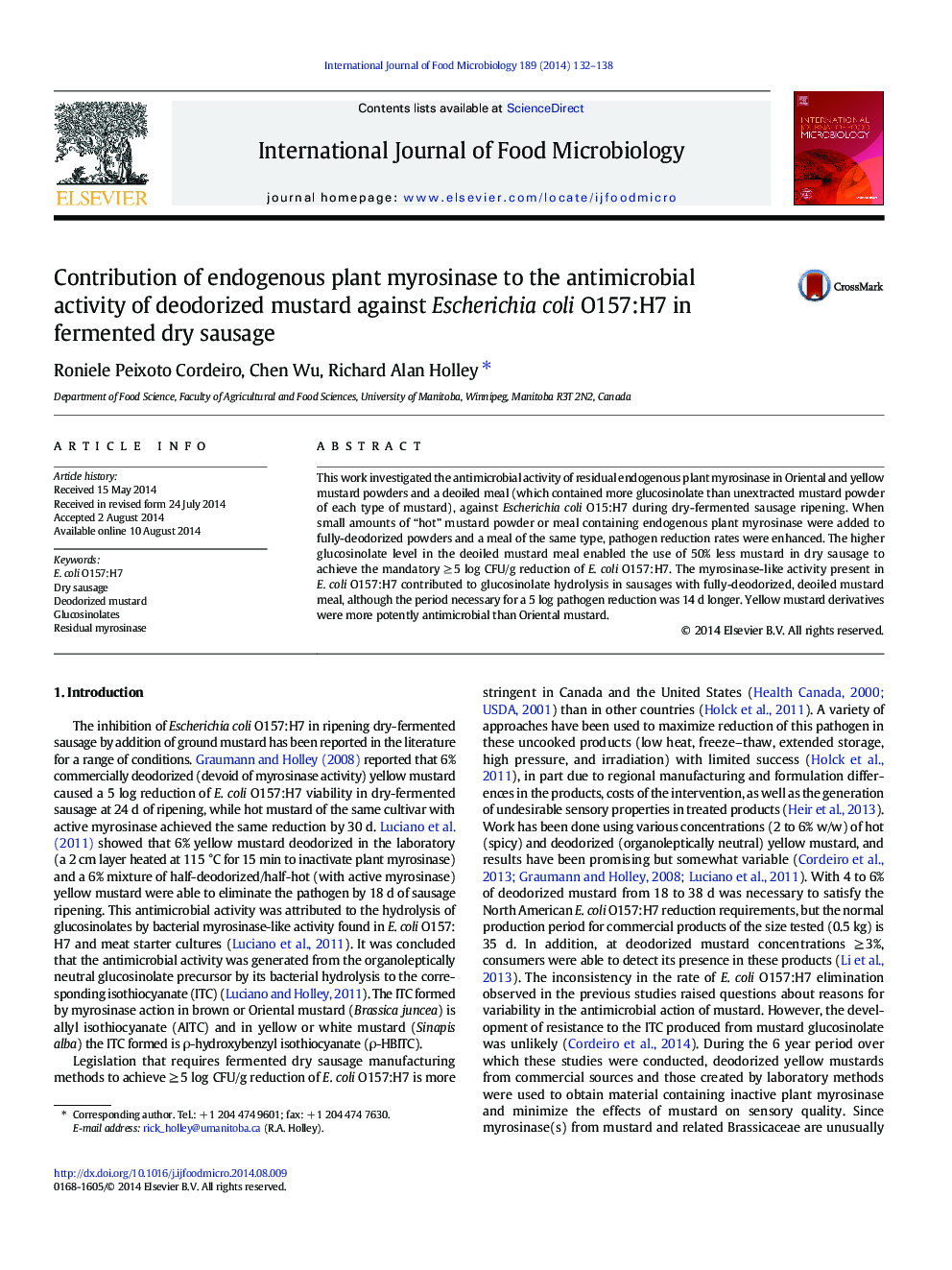 Contribution of endogenous plant myrosinase to the antimicrobial activity of deodorized mustard against Escherichia coli O157:H7 in fermented dry sausage