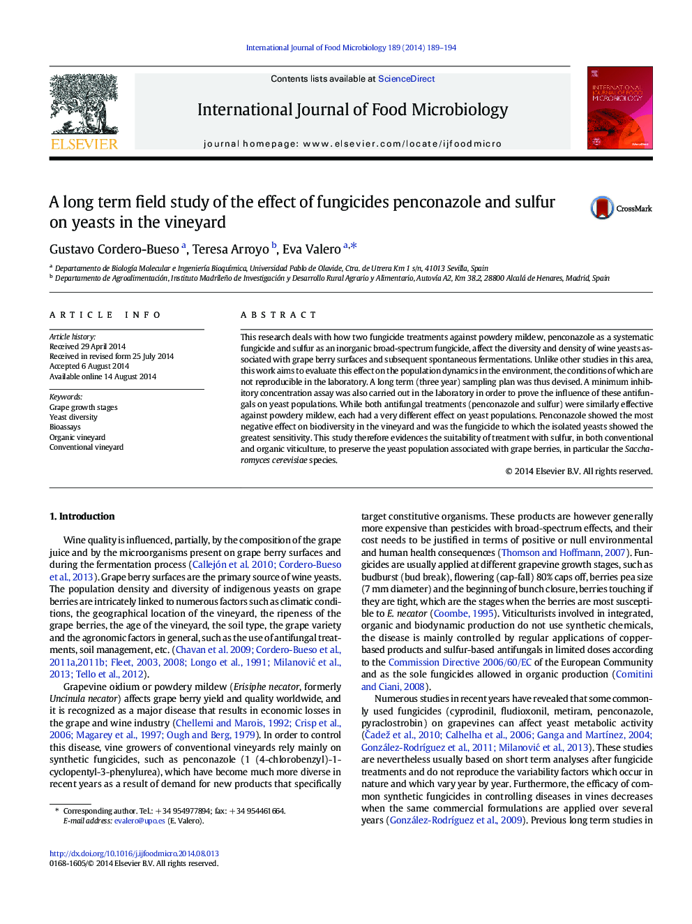 A long term field study of the effect of fungicides penconazole and sulfur on yeasts in the vineyard