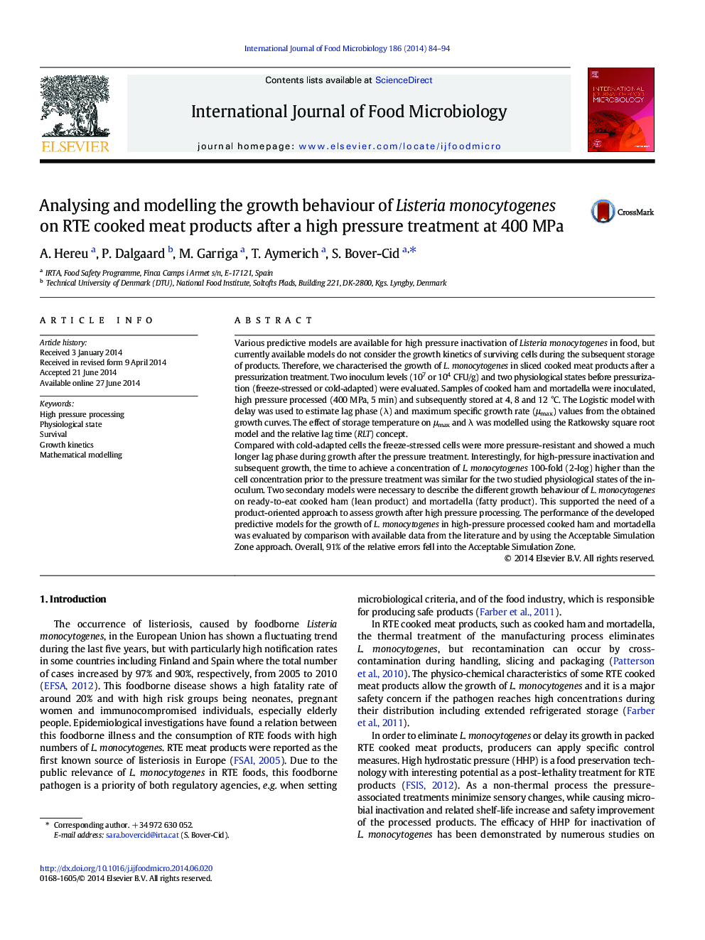 Analysing and modelling the growth behaviour of Listeria monocytogenes on RTE cooked meat products after a high pressure treatment at 400Â MPa