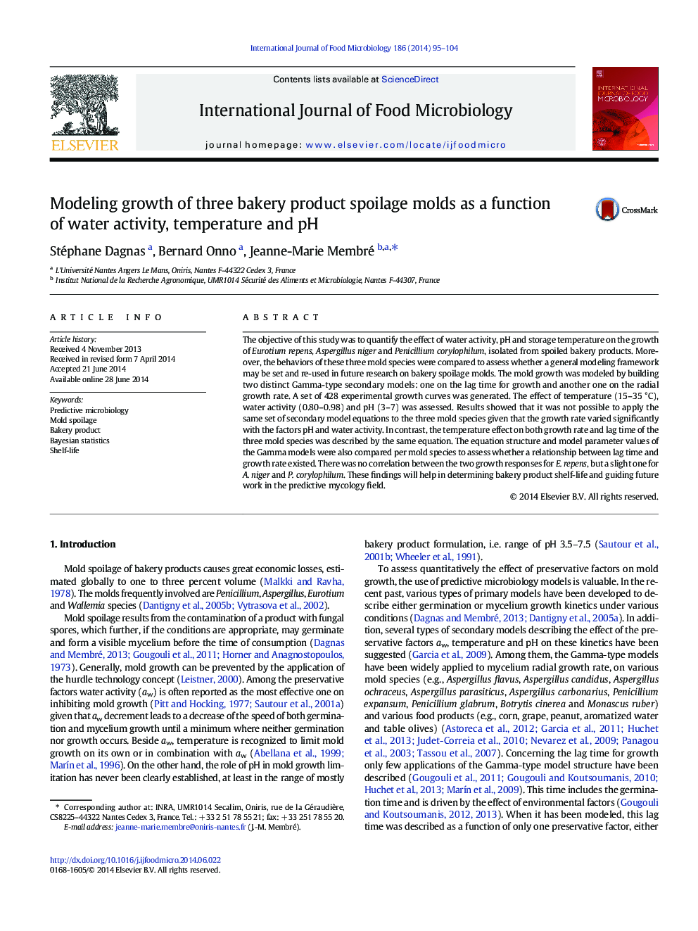 Modeling growth of three bakery product spoilage molds as a function of water activity, temperature and pH