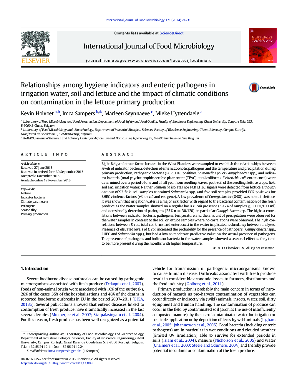 رابطه بین شاخص های بهداشتی و پاتوژن های روده ای در آب، خاک و کاه آبیاری و تأثیر شرایط آب و هوایی بر آلودگی در تولید اولیه کاهو 