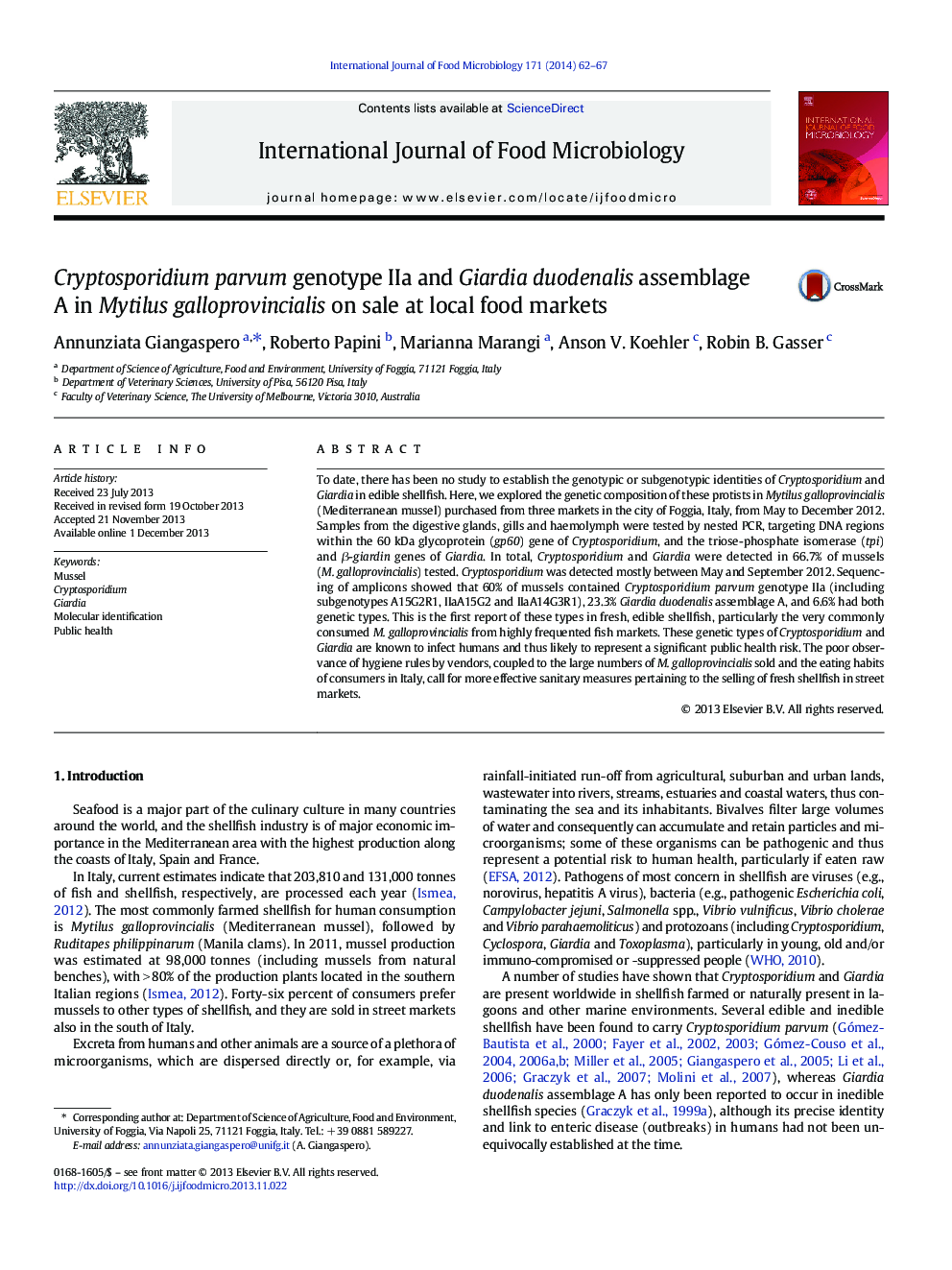 Cryptosporidium parvum genotype IIa and Giardia duodenalis assemblage A in Mytilus galloprovincialis on sale at local food markets