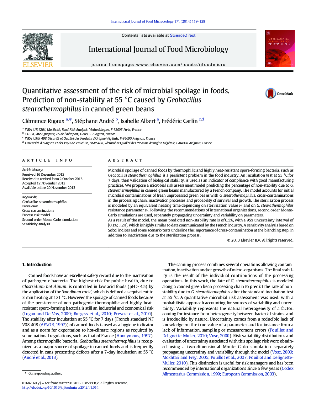 Quantitative assessment of the risk of microbial spoilage in foods. Prediction of non-stability at 55Â Â°C caused by Geobacillus stearothermophilus in canned green beans