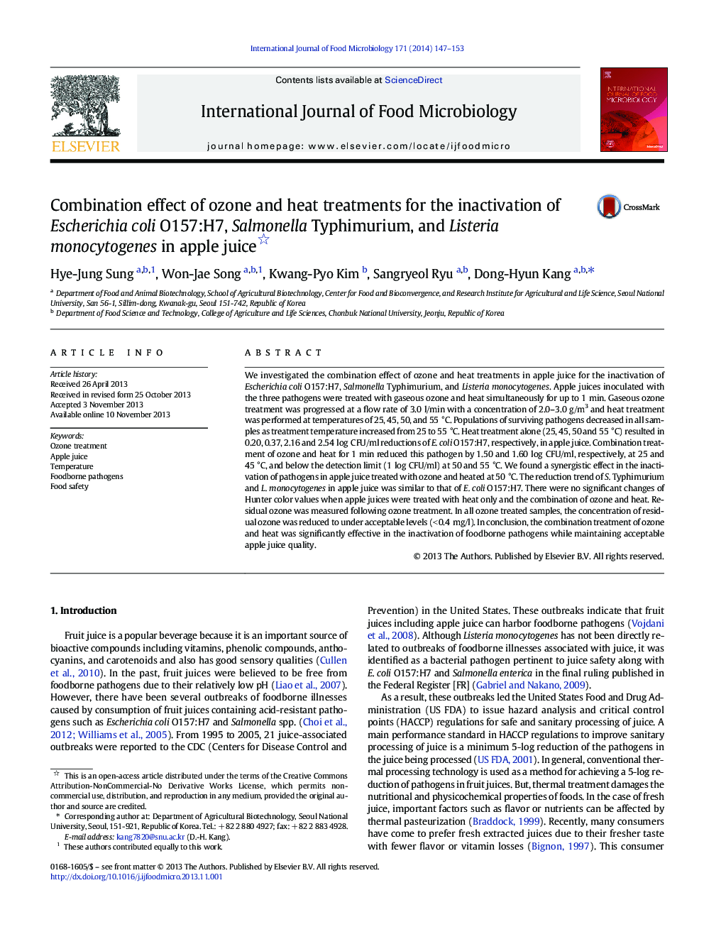 Combination effect of ozone and heat treatments for the inactivation of Escherichia coli O157:H7, Salmonella Typhimurium, and Listeria monocytogenes in apple juice