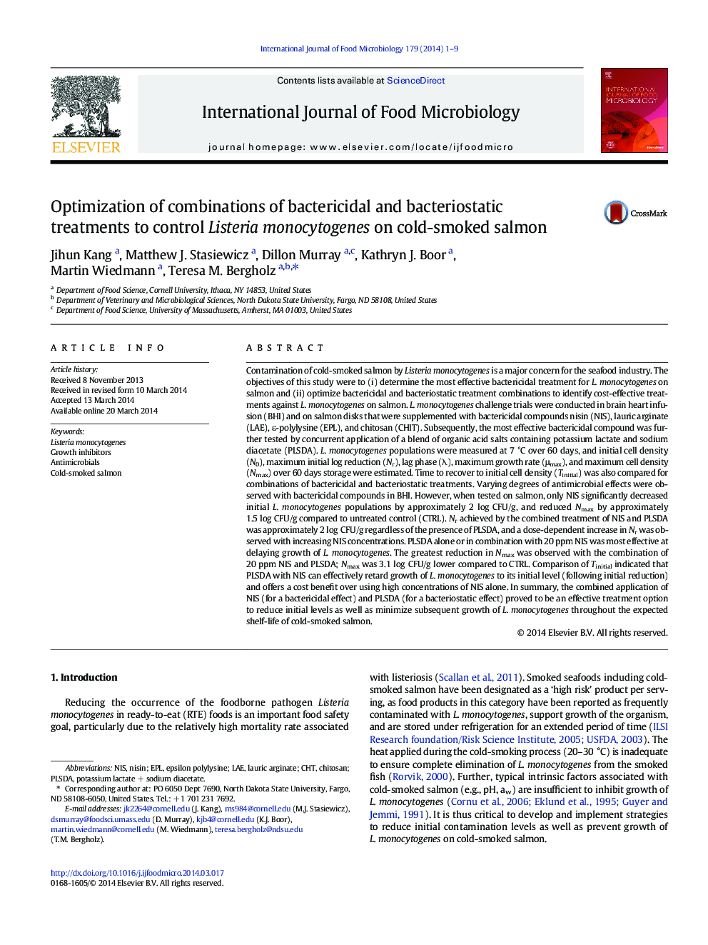 Optimization of combinations of bactericidal and bacteriostatic treatments to control Listeria monocytogenes on cold-smoked salmon