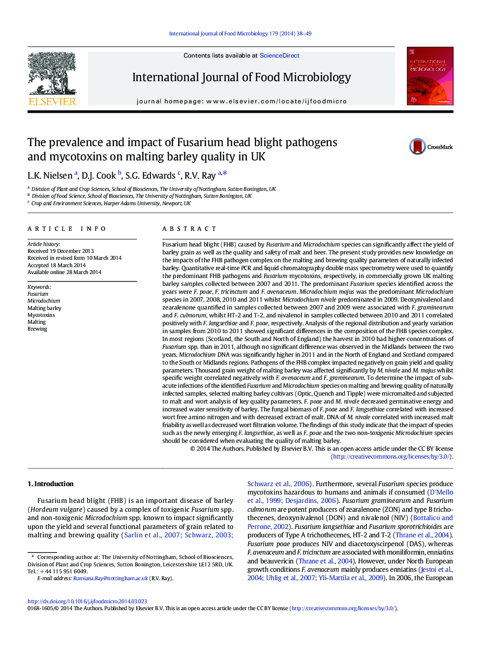 The prevalence and impact of Fusarium head blight pathogens and mycotoxins on malting barley quality in UK