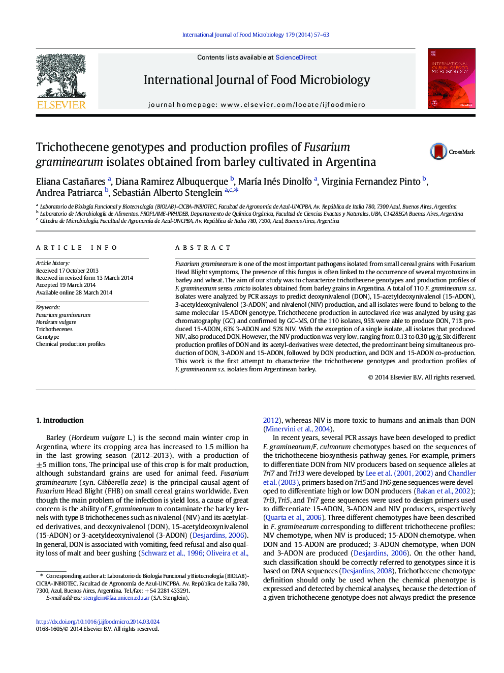 Trichothecene genotypes and production profiles of Fusarium graminearum isolates obtained from barley cultivated in Argentina