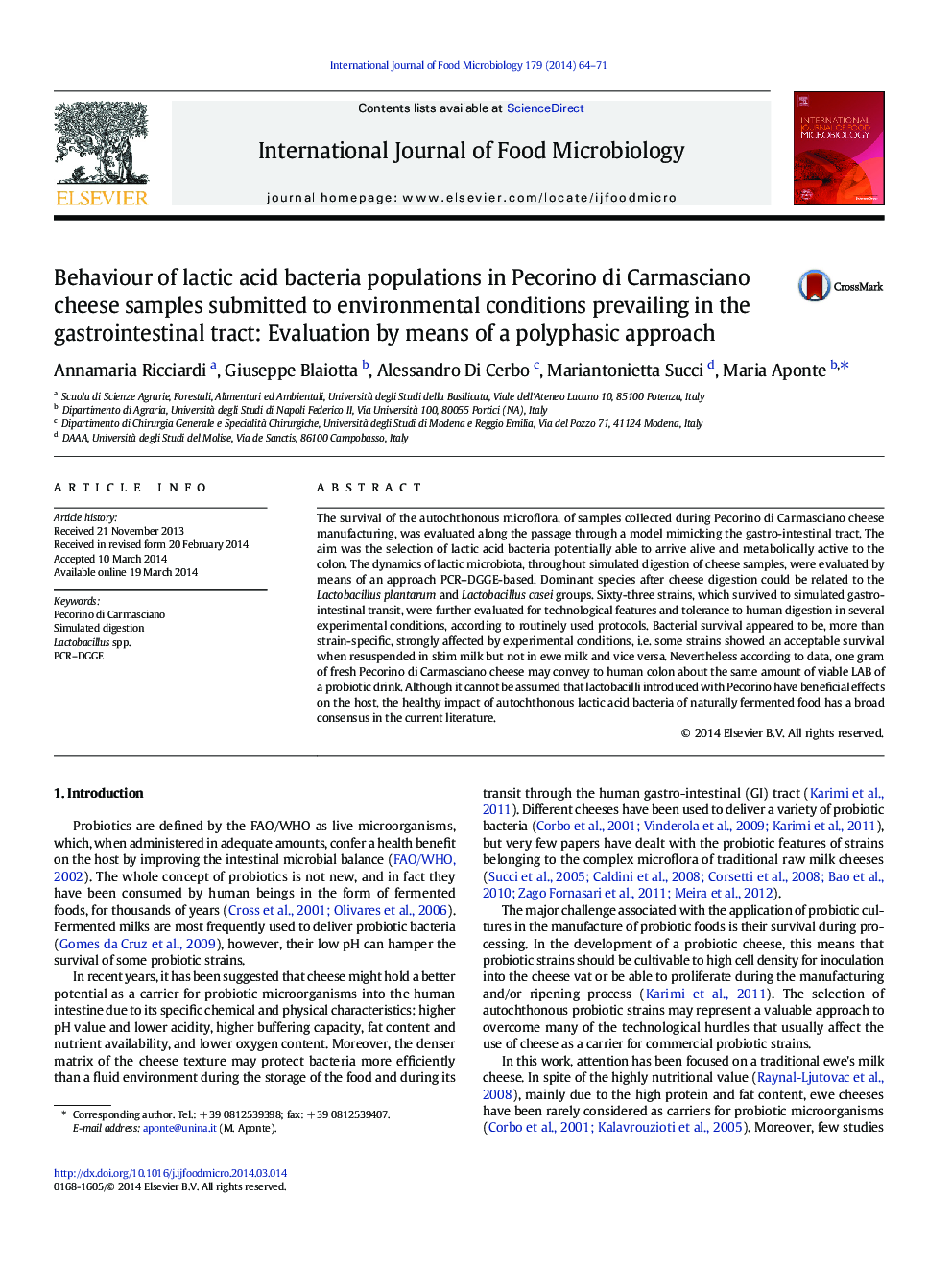 Behaviour of lactic acid bacteria populations in Pecorino di Carmasciano cheese samples submitted to environmental conditions prevailing in the gastrointestinal tract: Evaluation by means of a polyphasic approach