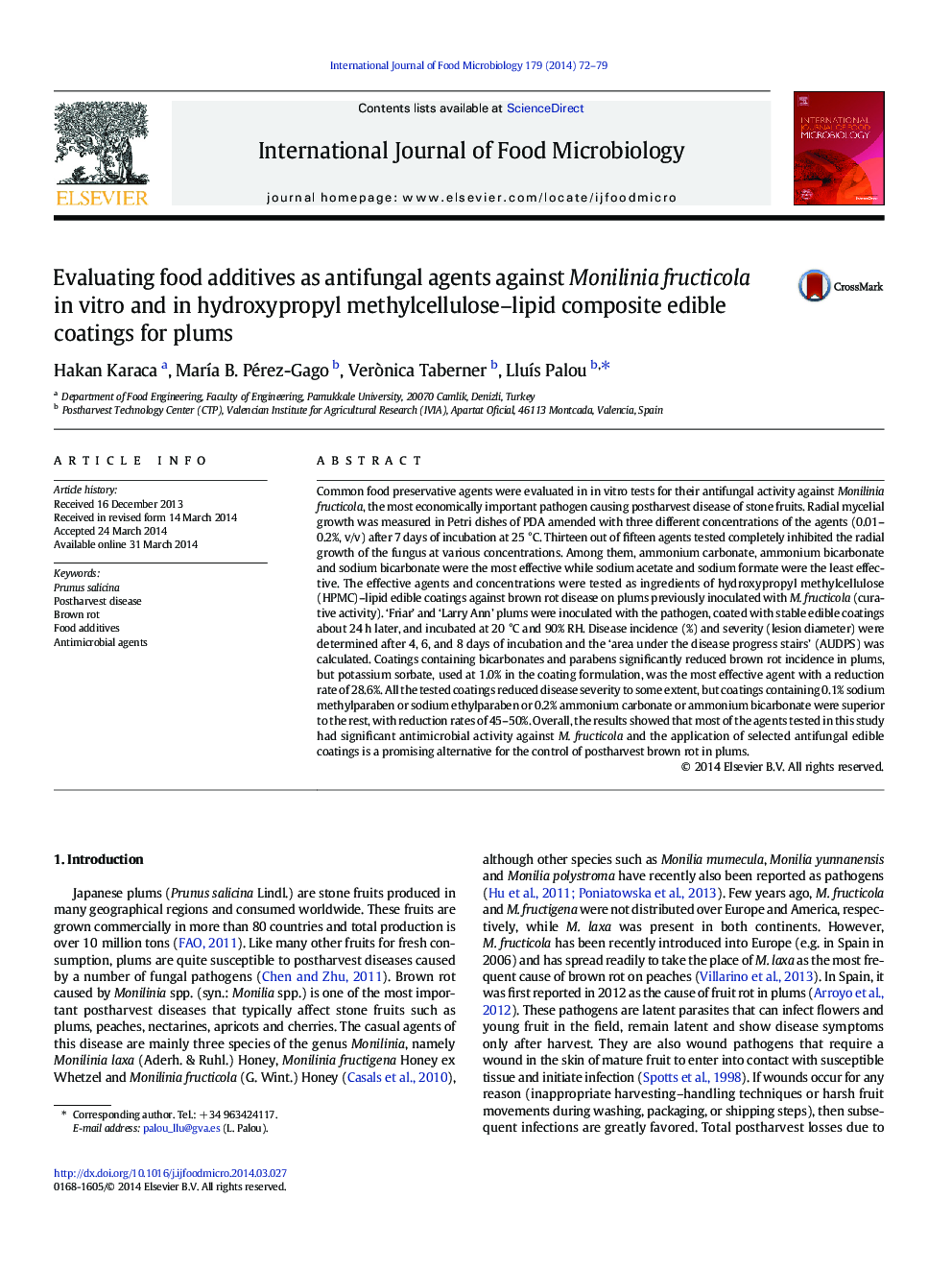 Evaluating food additives as antifungal agents against Monilinia fructicola in vitro and in hydroxypropyl methylcellulose-lipid composite edible coatings for plums