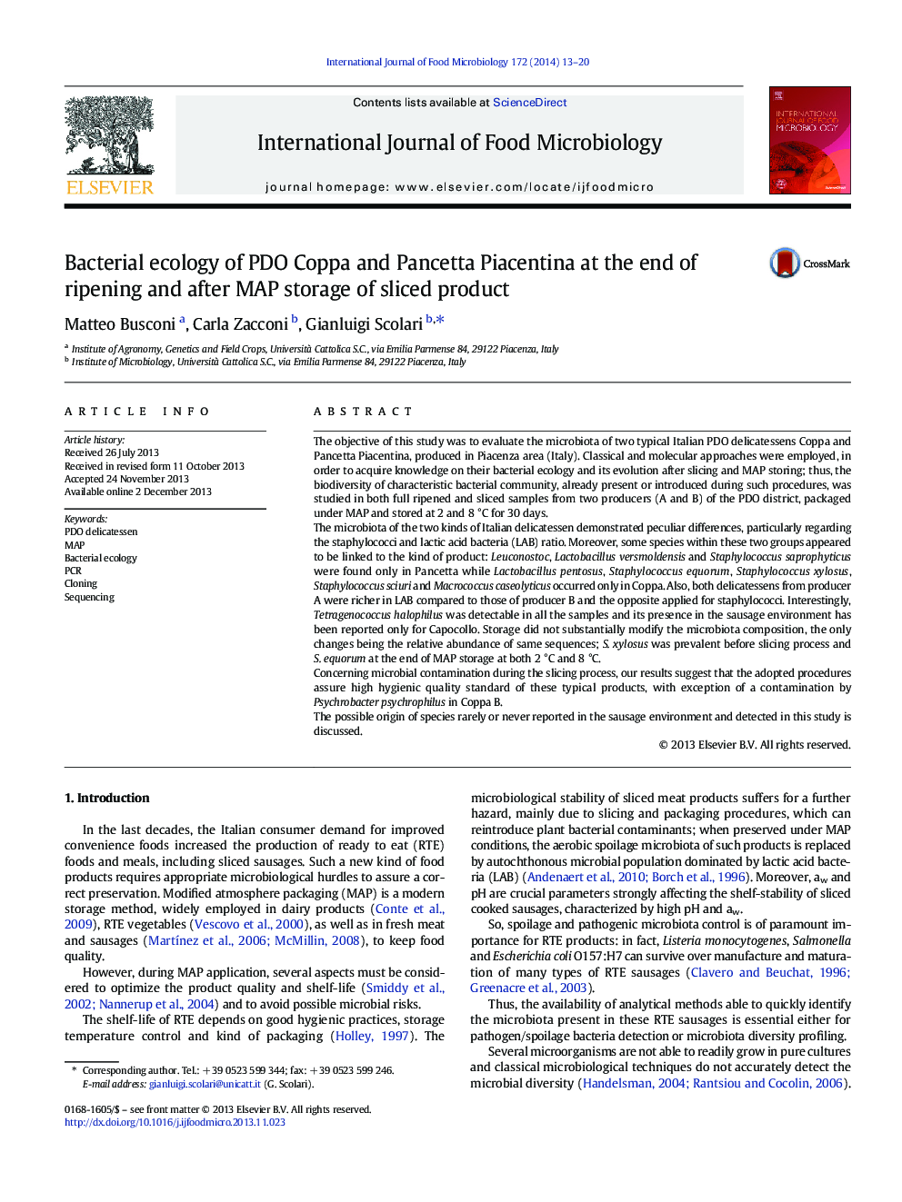 Bacterial ecology of PDO Coppa and Pancetta Piacentina at the end of ripening and after MAP storage of sliced product