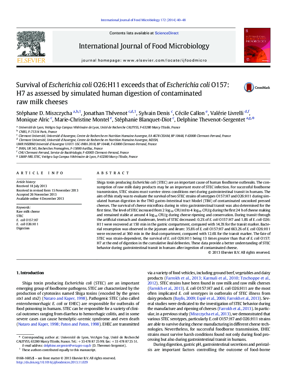 Survival of Escherichia coli O26:H11 exceeds that of Escherichia coli O157:H7 as assessed by simulated human digestion of contaminated raw milk cheeses