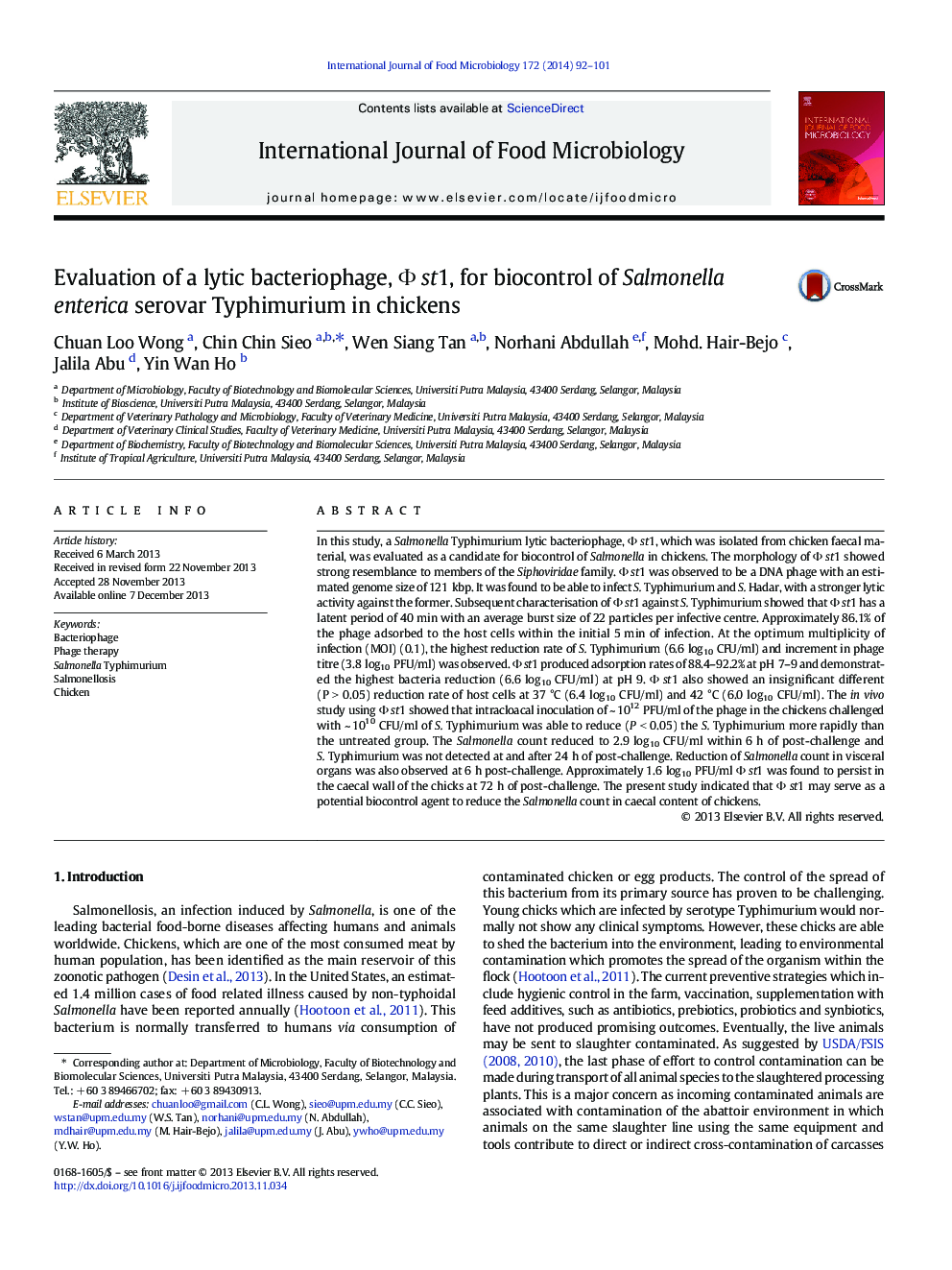 Evaluation of a lytic bacteriophage, Î¦ st1, for biocontrol of Salmonella enterica serovar Typhimurium in chickens