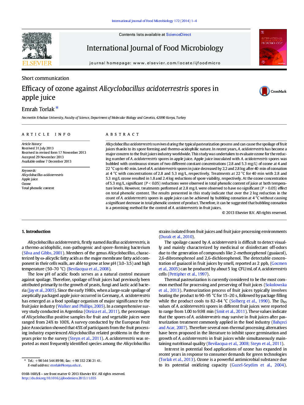 Efficacy of ozone against Alicyclobacillus acidoterrestris spores in apple juice