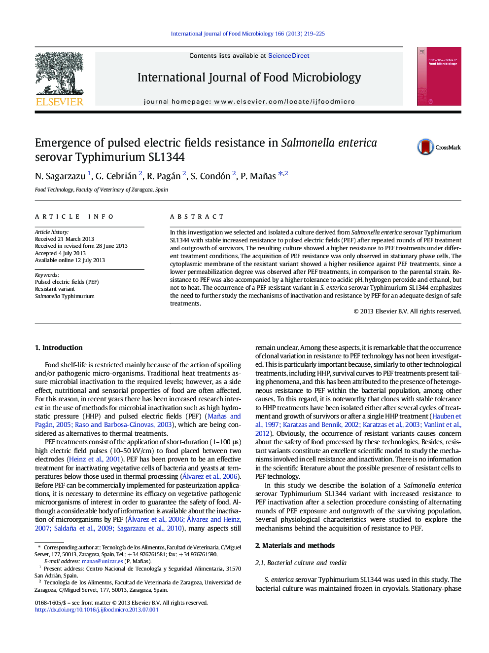 Emergence of pulsed electric fields resistance in Salmonella enterica serovar Typhimurium SL1344