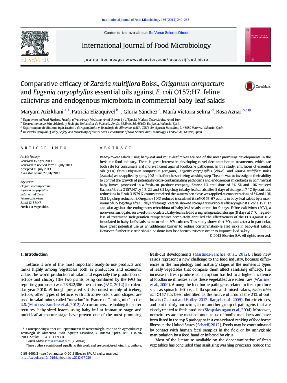 Comparative efficacy of Zataria multiflora Boiss., Origanum compactum and Eugenia caryophyllus essential oils against E. coli O157:H7, feline calicivirus and endogenous microbiota in commercial baby-leaf salads