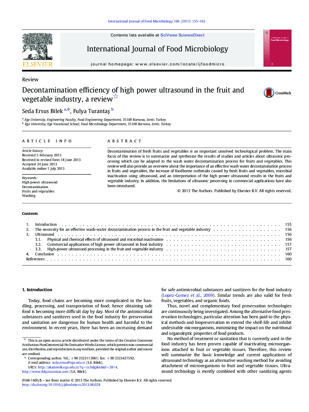 Decontamination efficiency of high power ultrasound in the fruit and vegetable industry, a review