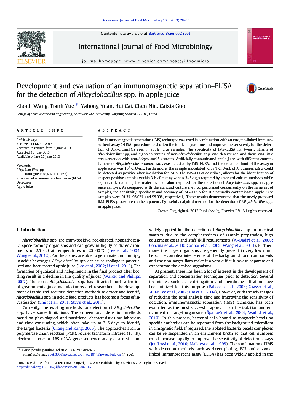 Development and evaluation of an immunomagnetic separation-ELISA for the detection of Alicyclobacillus spp. in apple juice