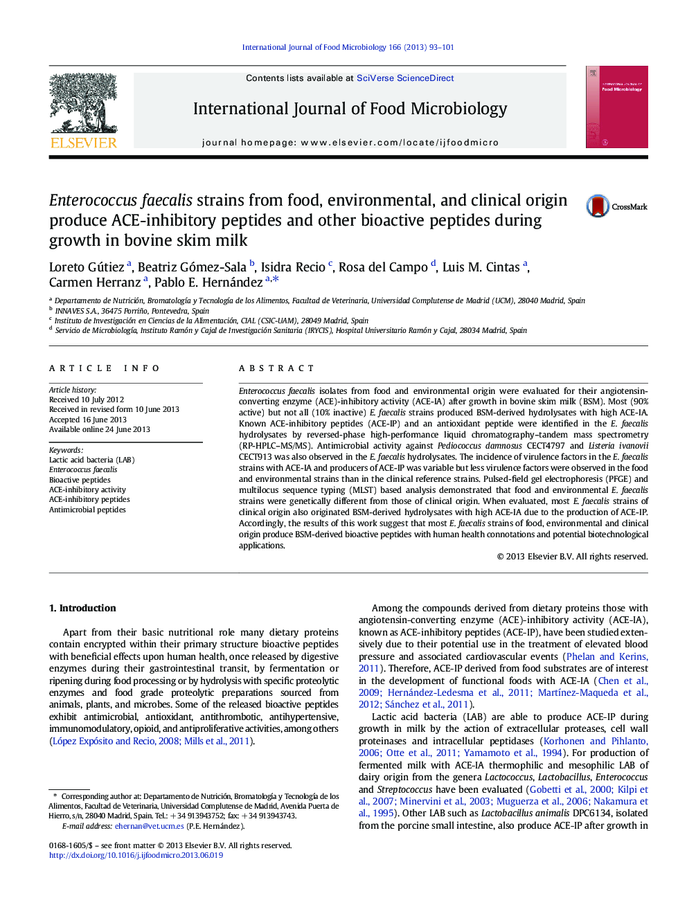 Enterococcus faecalis strains from food, environmental, and clinical origin produce ACE-inhibitory peptides and other bioactive peptides during growth in bovine skim milk