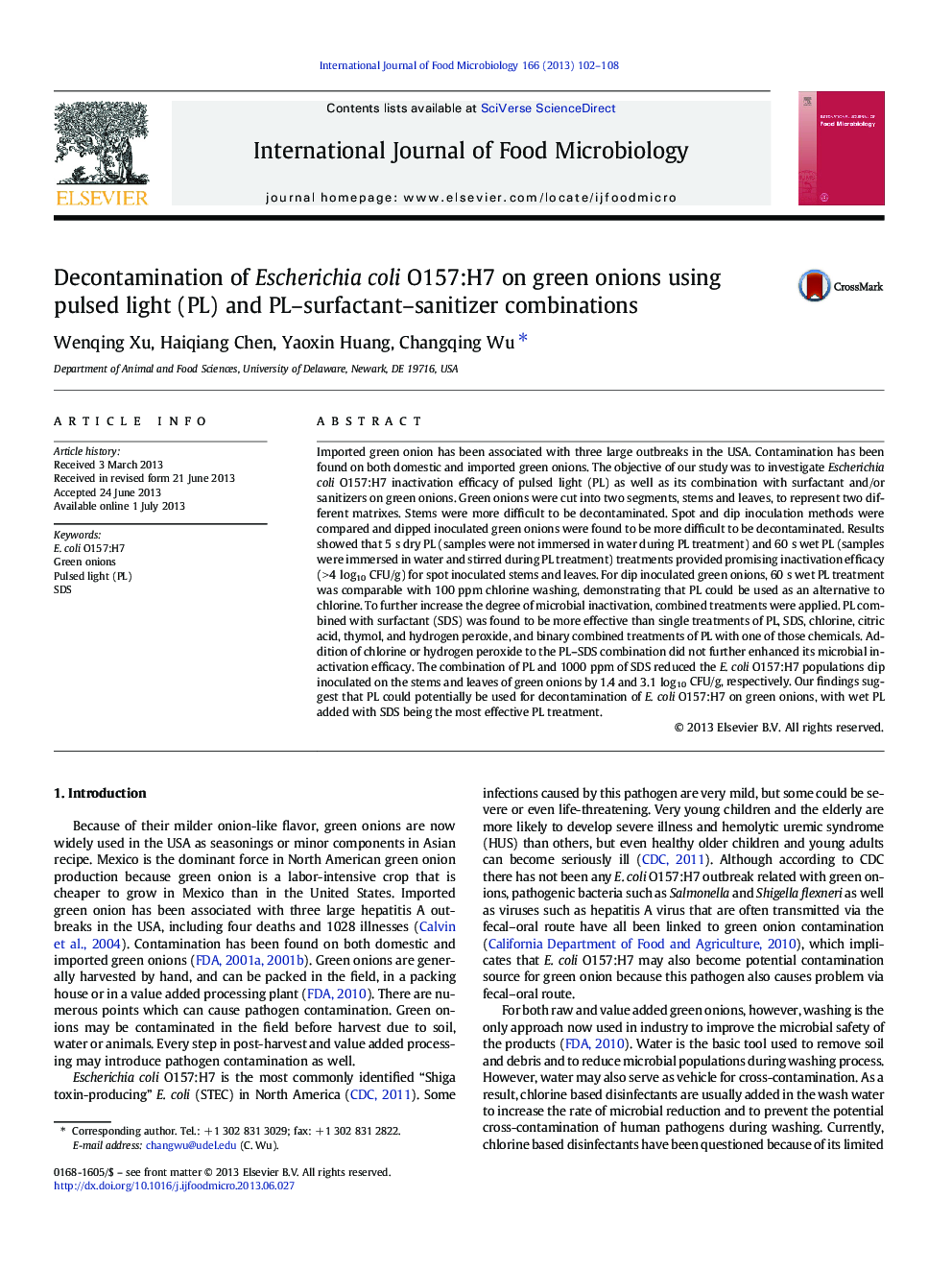 Decontamination of Escherichia coli O157:H7 on green onions using pulsed light (PL) and PL-surfactant-sanitizer combinations