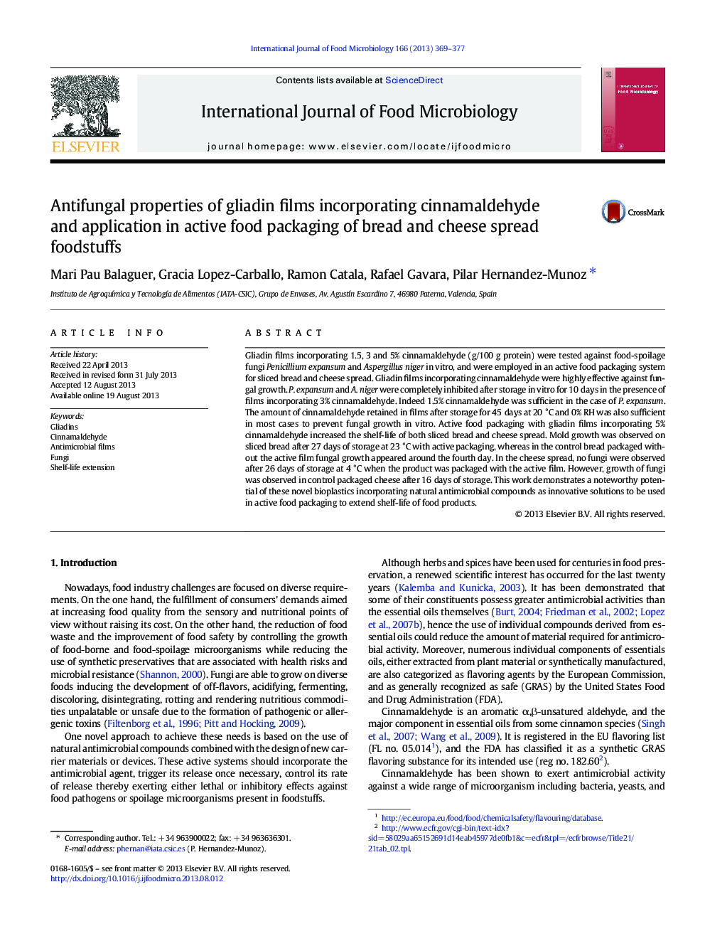 Antifungal properties of gliadin films incorporating cinnamaldehyde and application in active food packaging of bread and cheese spread foodstuffs