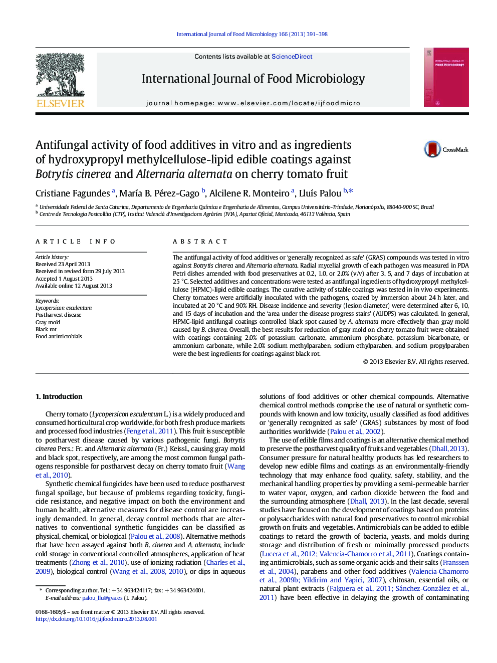 Antifungal activity of food additives in vitro and as ingredients of hydroxypropyl methylcellulose-lipid edible coatings against Botrytis cinerea and Alternaria alternata on cherry tomato fruit