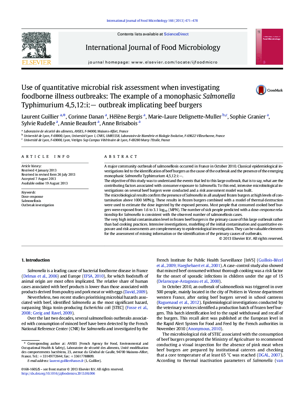 Use of quantitative microbial risk assessment when investigating foodborne illness outbreaks: The example of a monophasic Salmonella Typhimurium 4,5,12:i:â outbreak implicating beef burgers