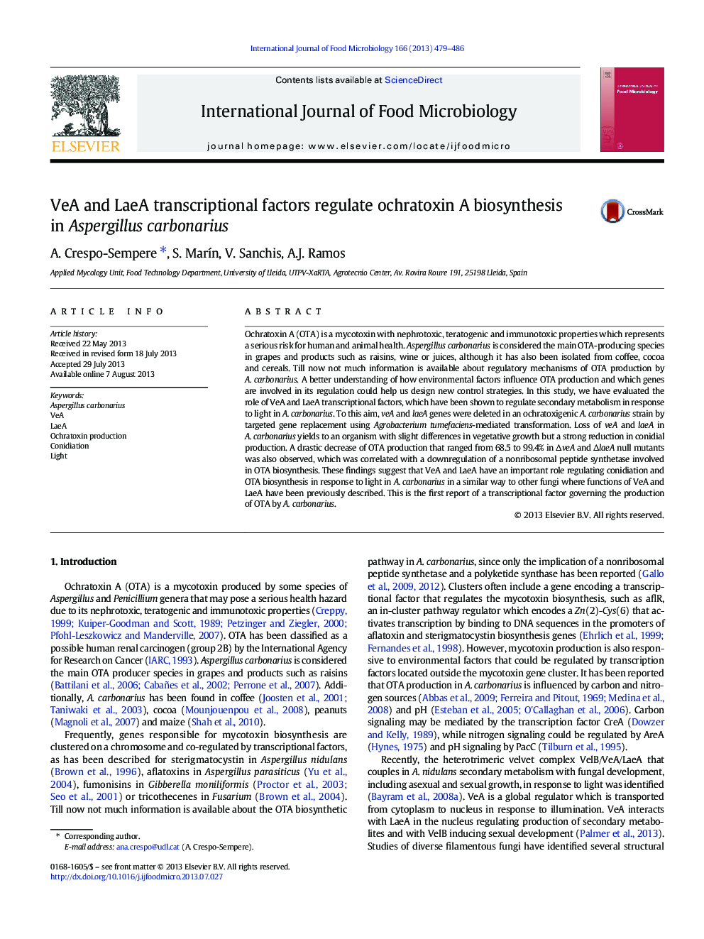 VeA and LaeA transcriptional factors regulate ochratoxin A biosynthesis in Aspergillus carbonarius