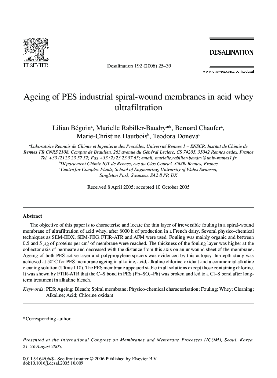 Ageing of PES industrial spiral-wound membranes in acid whey ultrafiltration