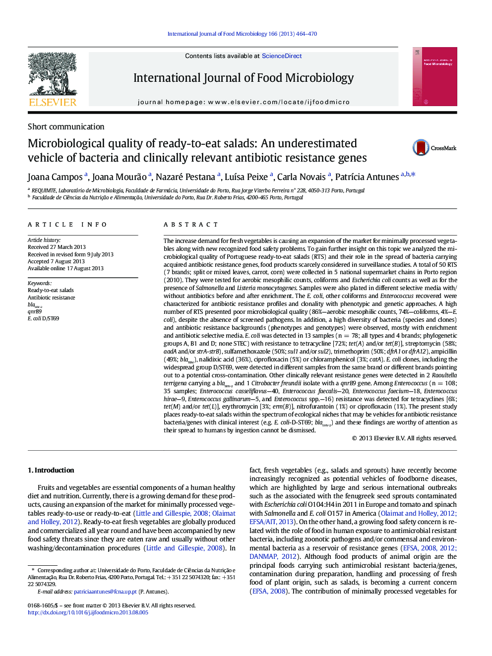 Microbiological quality of ready-to-eat salads: An underestimated vehicle of bacteria and clinically relevant antibiotic resistance genes